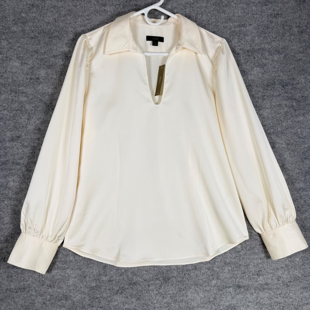 J.Crew Size-M Womens Ivory Satin Split Neck Long Sleeve Blouse Top Office